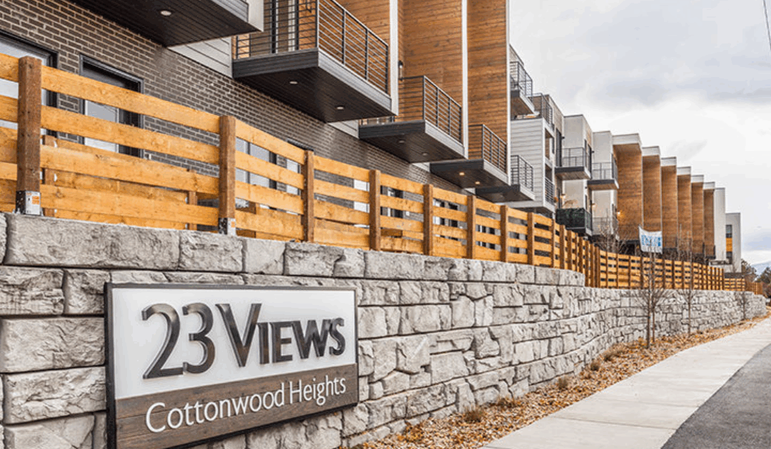 Modern luxury townhomes with private garages at 23 Views in Cottonwood Heights near Salt Lake City featuring contemporary architecture and wood accents